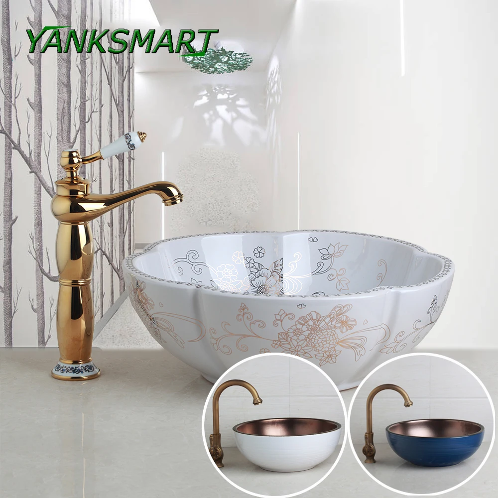 

YANKSMART Bathroom Ceramic Vessel Washbasin Sink Set Antique Brass Deck Mounted Faucet Pop-up Drain Sink Kit Cold & Hot Water Ta