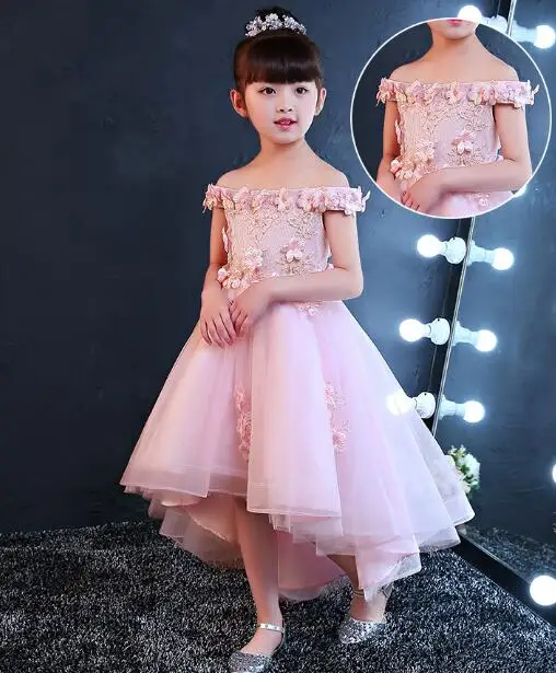 

2017 New Shoulderless Flower Girls Dresses For Wedding Appliques Formal Girl Birthday Party Dress Red Lace Princess Ball Gown