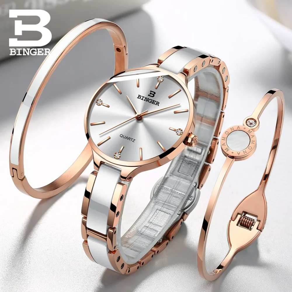 Fashion Women Watches Top Brand Luxury BINGER Ultra thin Ladies Watch Sapphire Ceramic Strap Waterproof Quartz Dress Watch Women