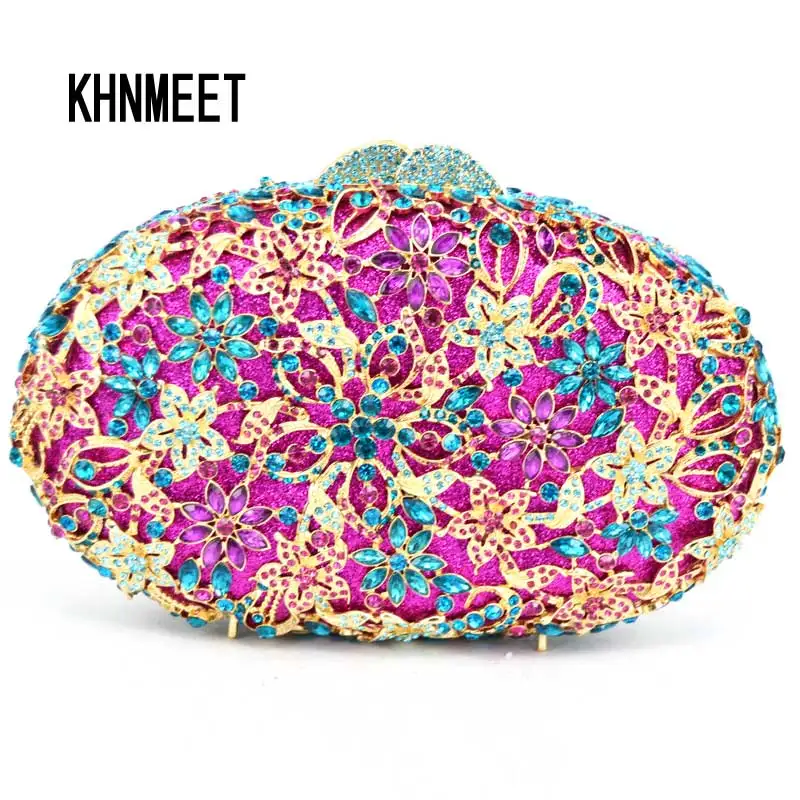 KHNMEET Pink evening clutch bags rose flower shape luxury diamante clutch evening bags studded crystal wedding party purse SC203