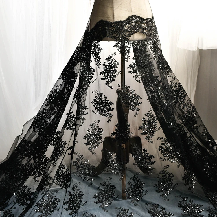 Wedding Dress Lace Decoration Fabric, Sequins, Handmade DIY Material, Embroidery Accessories, Black  White, RS1229