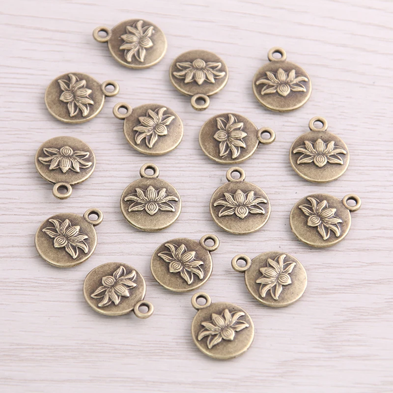 14pcs 13*16mm Metal Alloy Two Color Round Lotus Charms Plant Pendants For Jewelry Making DIY Handmade Craft