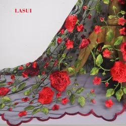 LASUI  TOP quality Skirt dress fashion cloth good-look Black mesh Rose embroidery lace fabric diy embroidered  X0106