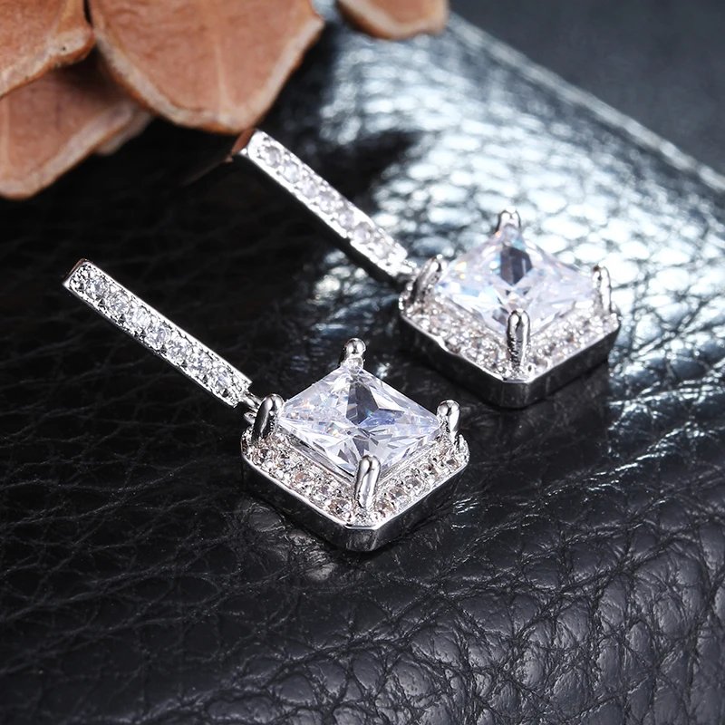 Fine Jewelry Drop Earrings For Women 925 Silver Needle White Gold Plated Wedding Stud Earring Square Cubic Zirconia Stone E033