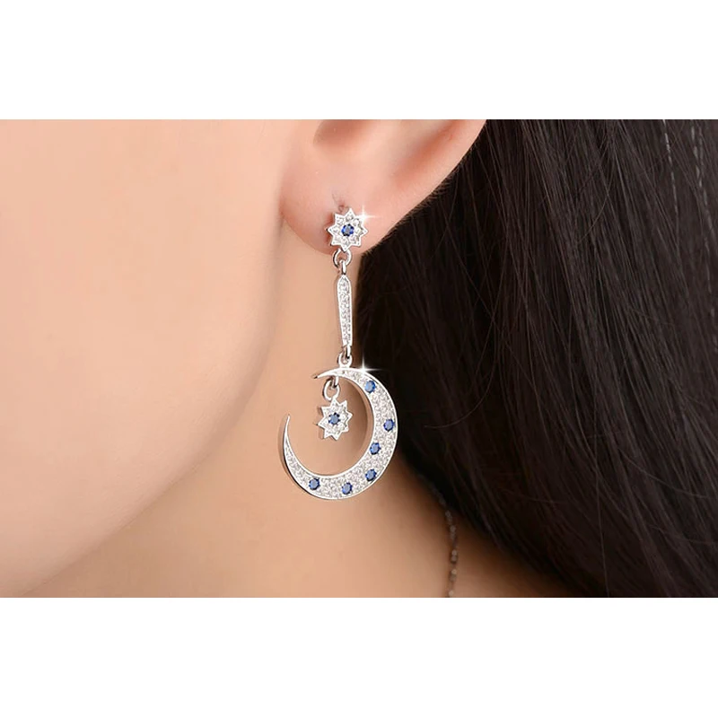 Fine Jewelry Trendy Style Asymmetry Moon&Sun Drop Earrings 925 Sterling Silver  Exquisite Women Cute& Lovely Earrings