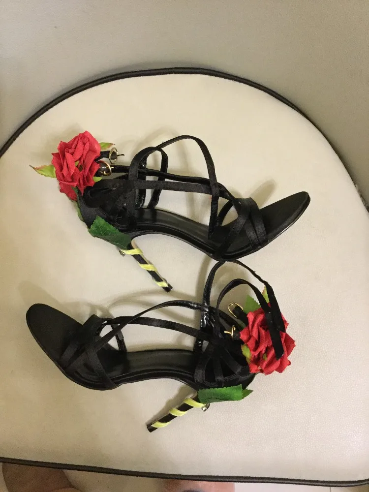 Sandalia Feminina Red Rose Flower Leaf Block High Heel Sandals Summer Peep Toe Girls Sweet Party Wedding Sexy Dress Shoes