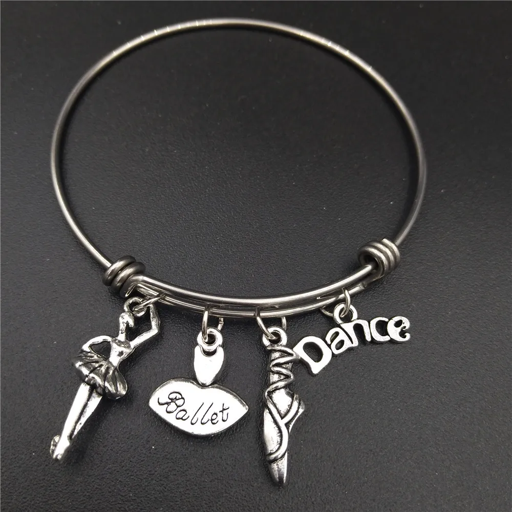 Girls Women Dancing Ballerina Gifts Love Ballet Jewelry Stainless Steel Wire Bangle Charm Bracelet Expandible Wholesale Bulk