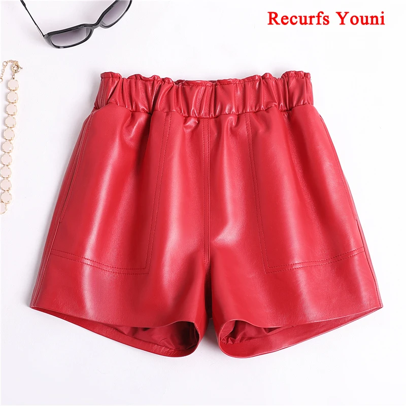 Imagem -03 - Shorts de Couro Genuíno para Mulheres Cintura Elástica Mini Short Sexy Camelo Vermelho e Preto Moda Coreana 2023