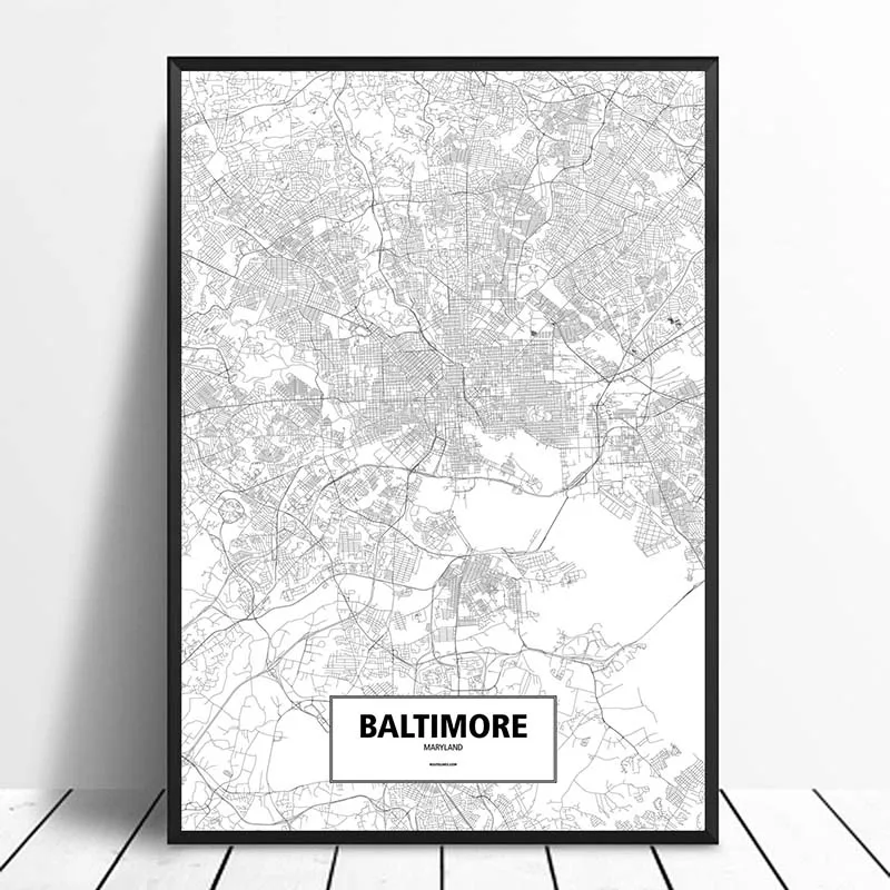 

BALTIMORE, MARYLAND, UNITED STATES Black White Custom World City Map Posters Canvas Prints Nordic Style Wall Art Home Decor