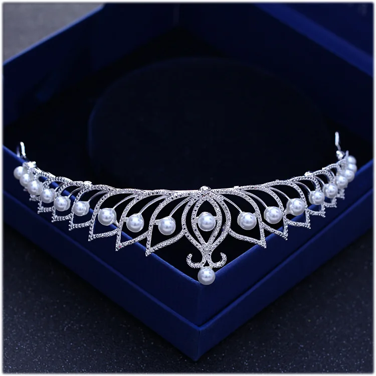 Gorgeous Silver Color Crystal Pearls Bridal Tiaras Crown Alloy Rhinestone Pageant Diadem Bride Headband Wedding Hair Accessories