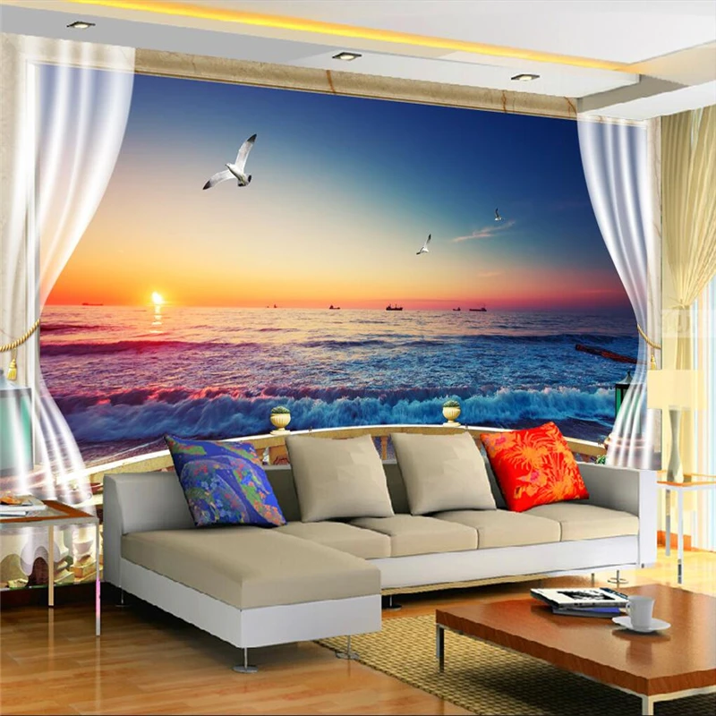 

beibehang 3D Balcony Beach View Background Modern Mediterranean Mural wallaper for Living Room wall papers home decor