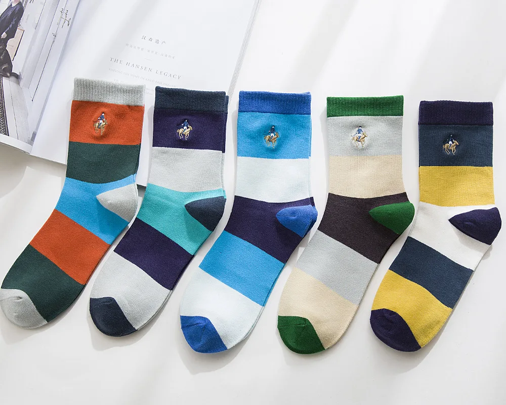 5 Pair New standard size 39-44 casual cotton socks high quality men colorful polo socks Business Brand Men\'s Socks Dress