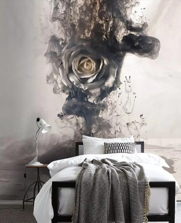 

Customized European creative hand-painted smoke rose background wall painting