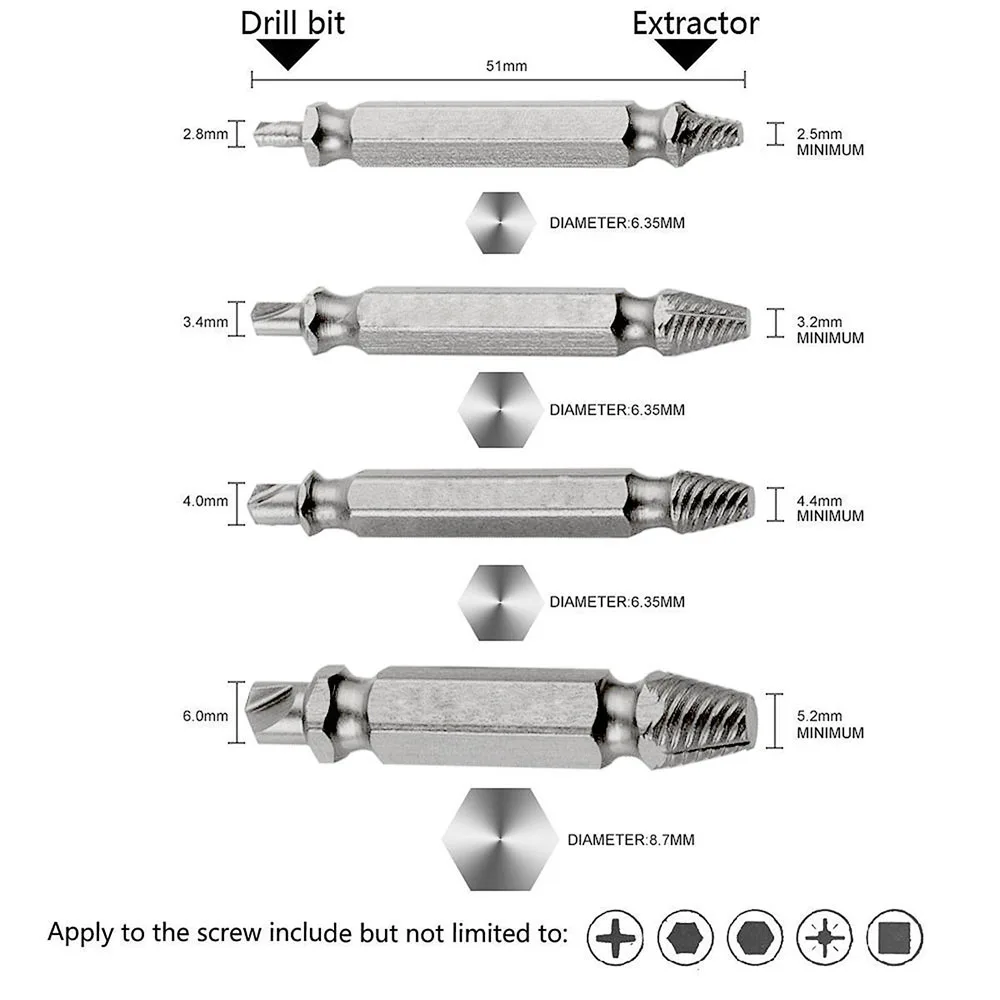 Damaged Screw Extractor and Remove Set Kit of 4 Stripped Screw Removers for Stripped Screws Precision 1/4inch 6mm Hex Drill Bit