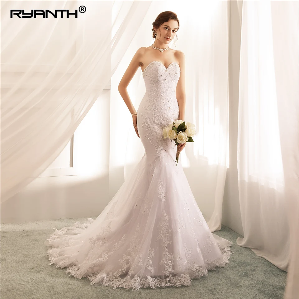 

Vestidos De Noiva Sereia Lace Tulle China Bridal Gowns Sleeveless Beaded Pearls Mermaid Wedding Dress Strapless Robe De Mariage