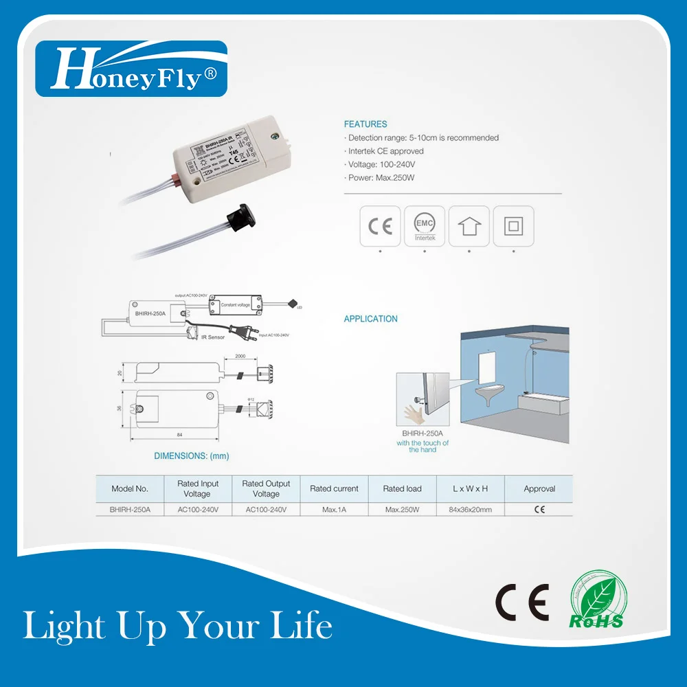 HoneyFly Patented IR Sensor Switch 250W 100-240V (Max.70W For LEDs) Infrared Sensor Switch Motion Auto On/off 5-10CM CE