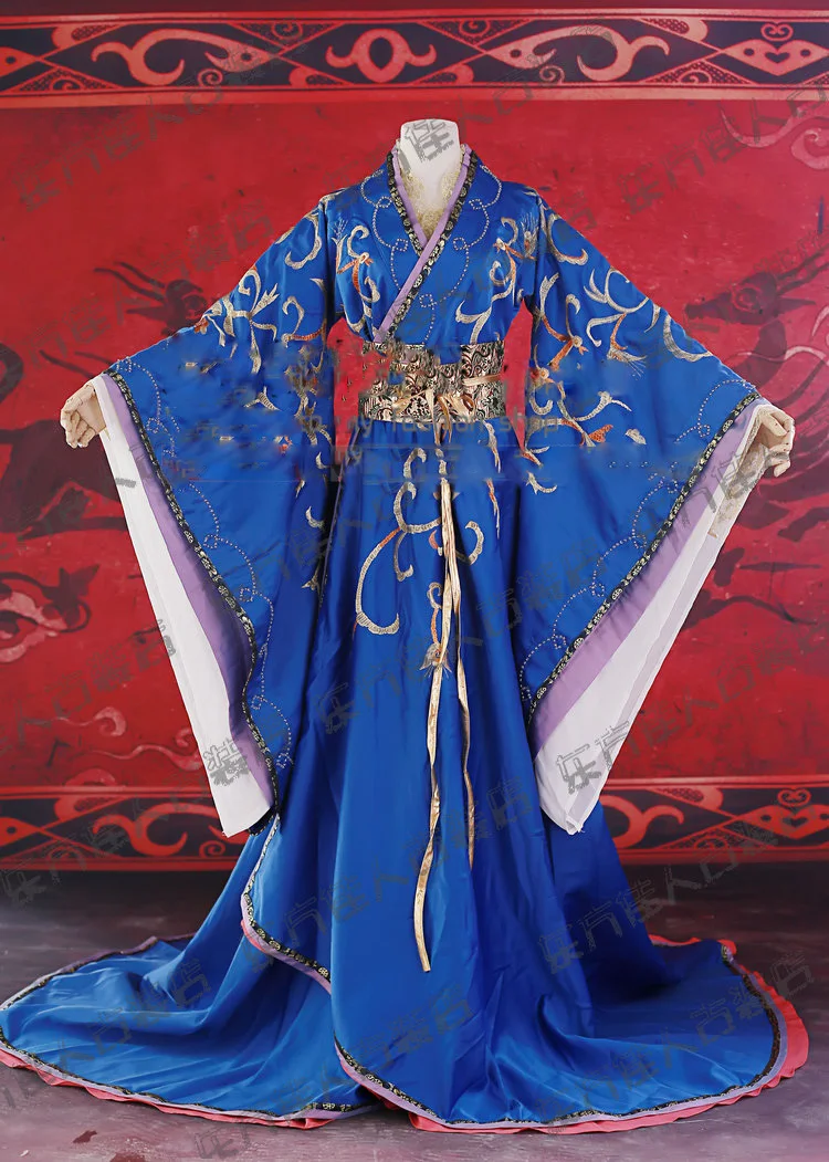 2014 New Design Drama Costume Delicate Embroidery Hanfu The Holy Guiguzi Navy Blue  Han Dynasty Women's Costume with Long Tail