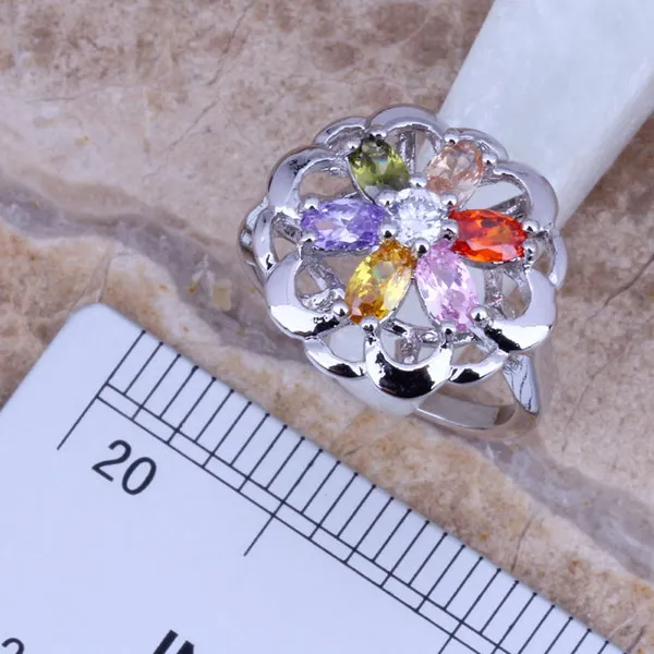 Angelic Multicolor Stones Silver Plated Jewelry Sets Earrings Pendant Ring Size 5 / 6 / 7 / 8 / 9 / 10 S0139A