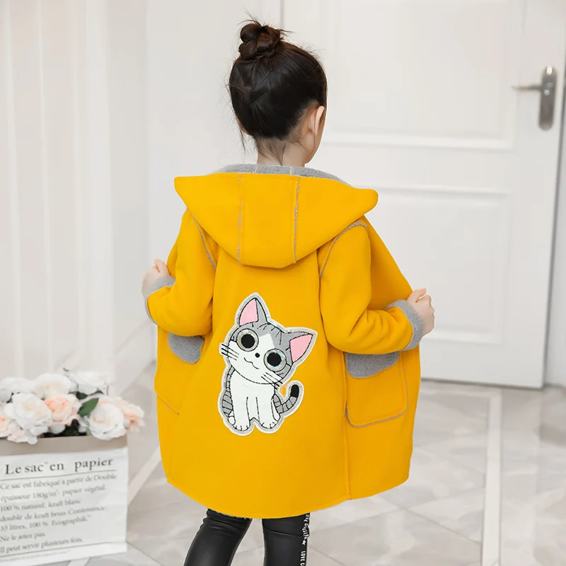 Hot Sale Girls Cartoon Cat Woolen Jacket Outerwear Autumn Winter Children Long Velvet Thick Woollen Coat Kids Hooded Overcoat P3