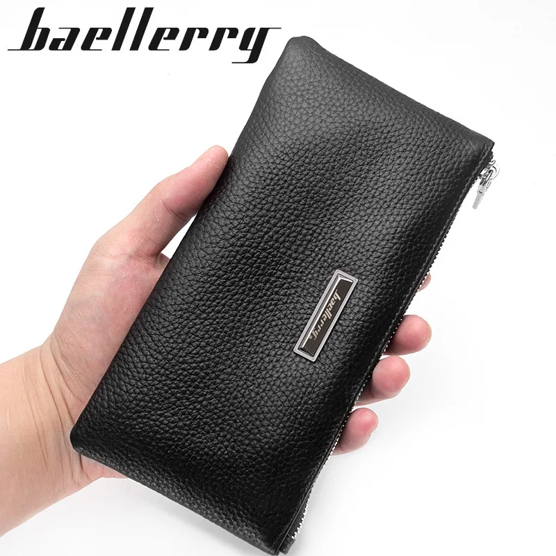 Genuine Cow Leather Men Lichee Pattern Slim Soft Long Zipper Wallet Male Coin Purse Money Pocket Pochette Clutch Bag Card Holder