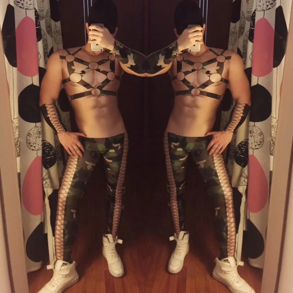 Camouflage Bandage Printed Skinny Jumpsuit Male Elastic Leotard Nightclub Bar Party DJ Dancer Pole Dancing Costume DS Stage Wear