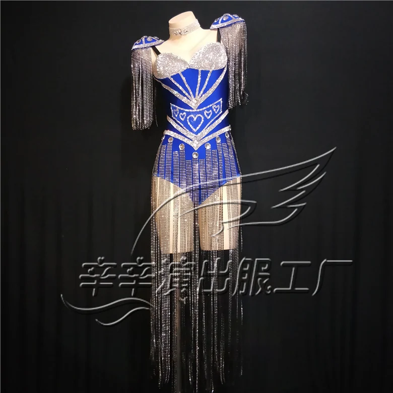 Women New Blue Tassel Sexy Rhinestone Outfit Epaulet Fringes Design Bodysuit Party Dj Female Singer Nightclub Bodysuit Costume