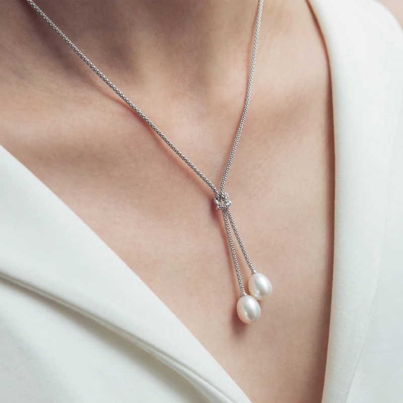 Fashion natural Freshwater pearl pendant for women 925 sterling silver Double pearl pendant necklace chain bridal gift