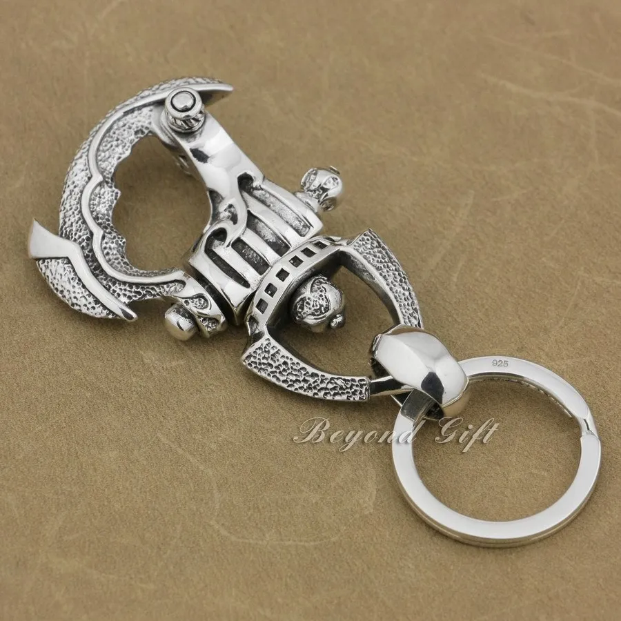 Huge Heavy 925 Sterling Silver Armor KeyRing Mens Boys Biker Rock Punk Keychain Belt Clip 8J018