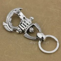 Huge Heavy 925 Sterling Silver Armor KeyRing Mens Boys Biker Rock Punk Keychain Belt Clip 8J018