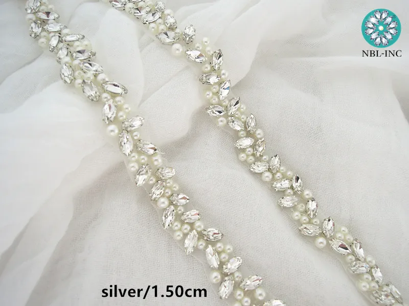 (10 YARDS) Wholesale pearl rhinestone applique trim gold bridal beaded crystal trim silver iron on for wedding dress WDD1000