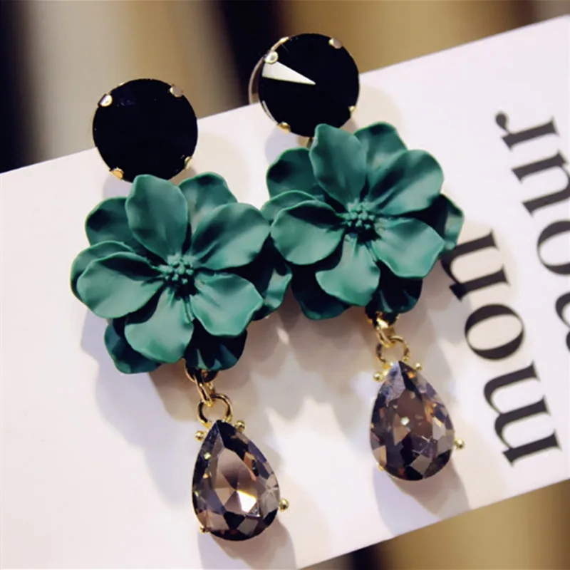 LUBOV Vintage Bohemia Natural Stone Black Crystal Big Earring For Women Fashion Jewelry Green Flower Dangle Drop Earrings Bijoux