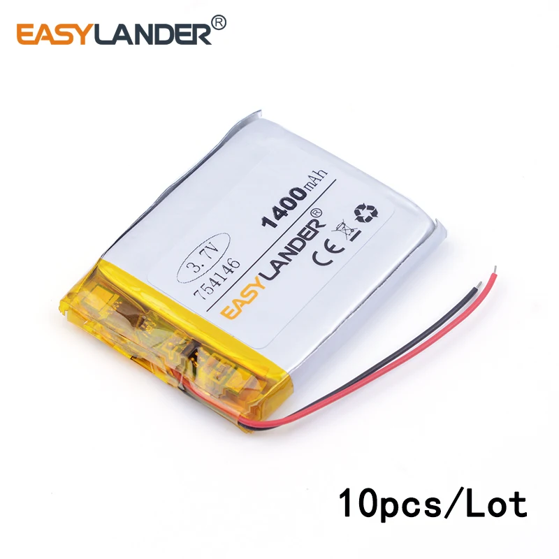 

10pcs /Lot 1400mAH 754146 3.7v lithium Li ion polymer rechargeable battery for dvr GPS mp3 mp4 cell phone speaker Vedio Game