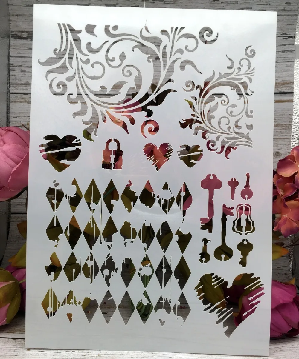 

A4 Key Lock Heart DIY Layering Stencils Wall Painting Scrapbook Coloring Embossing Album Decorative Paper Card Template