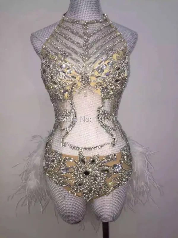 Glisten Silver Sequins บอดี้สูท Rhinestones Feather Leotard เครื่องแต่งกายวันเกิดฉลองชุดผู้หญิงเวทีสวมใส่