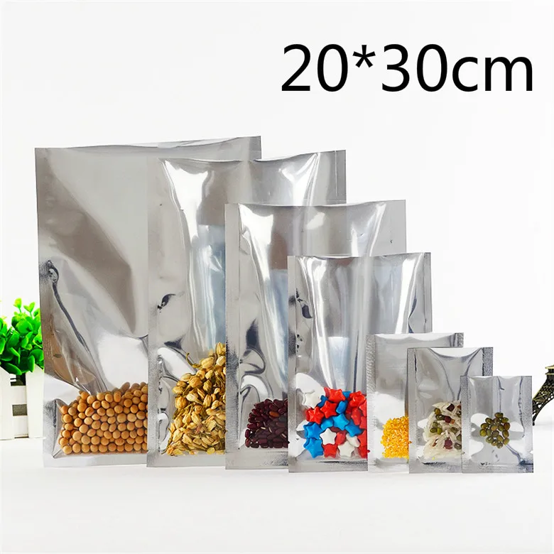 

Wholesale 20*30cm Open Top Vacuum Package Bag Heat Sealable Silver Aluminum Foil Clear Plastic Party Pack Pouch For Coffee Food