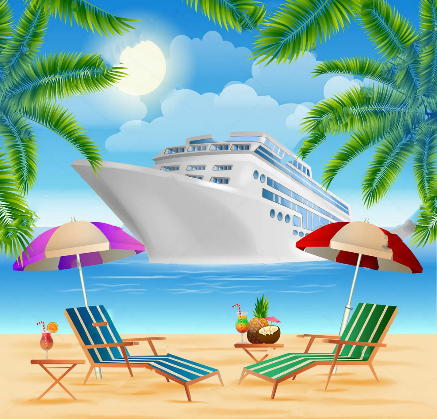 

cruise ship Exotic Island Palm Trees sea beach full moon background Computer print party photo backdrop