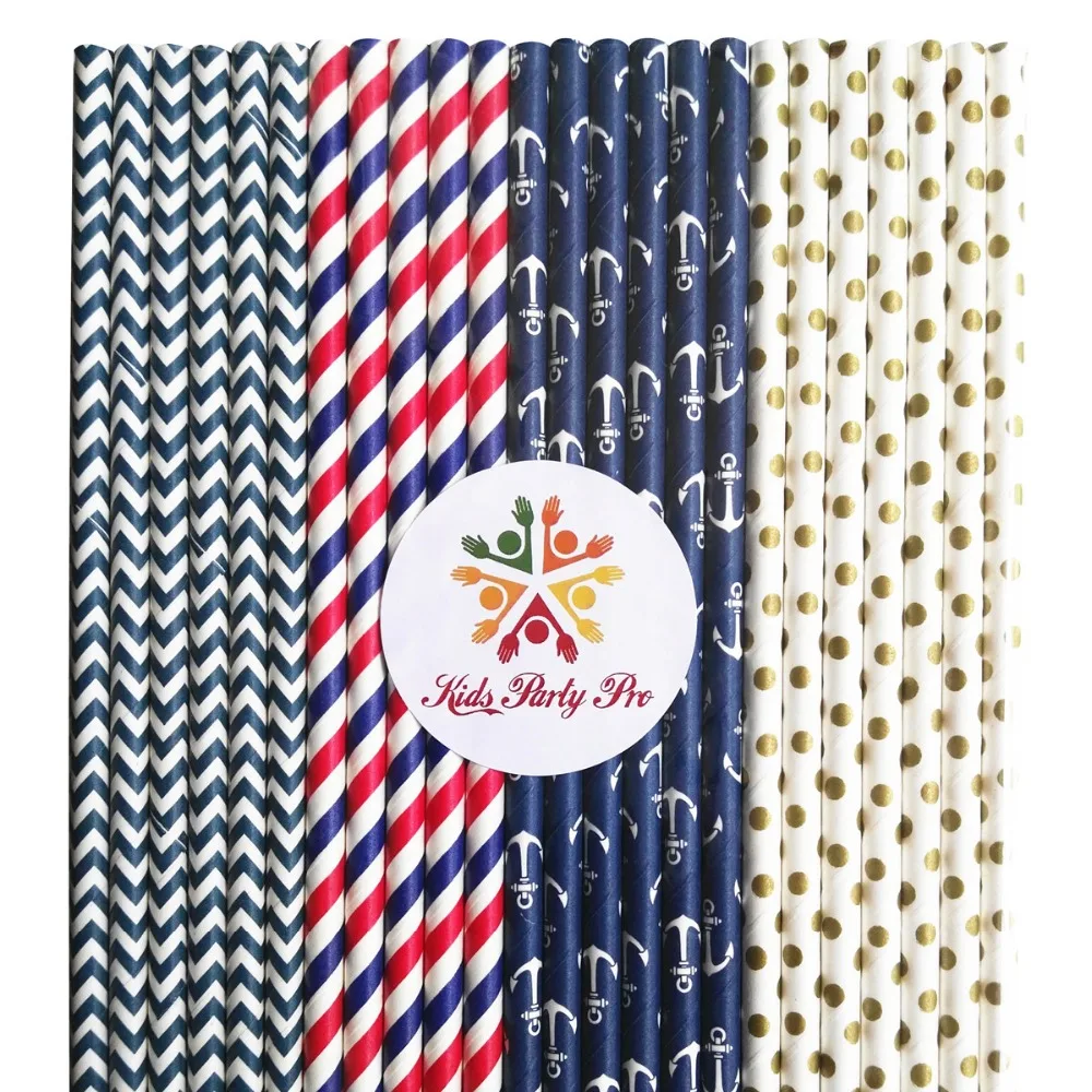 

200 Pcs Mixed 4 Designs Navy Red Gold Themed Paper Straws-Striped,Chevron,Swiss Dot,Anchor Nautical Birthday Party Wedding Bulk