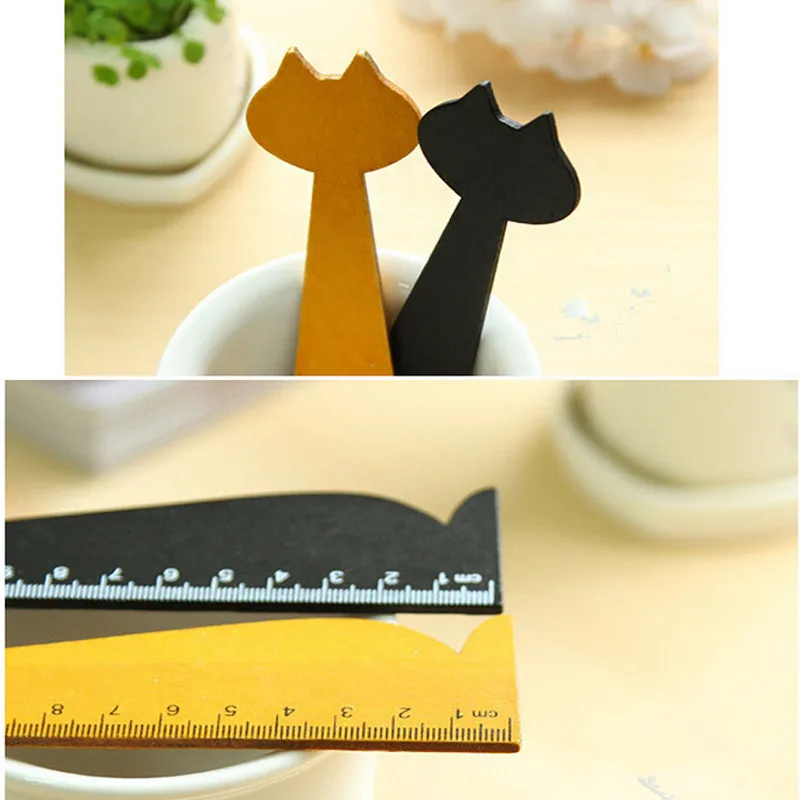 Lovely Cat Shape Ruler Cute Wood Animal Straight Rulers Gifts For Kids School Learning Supplies Stationery Black Yellow 15cm