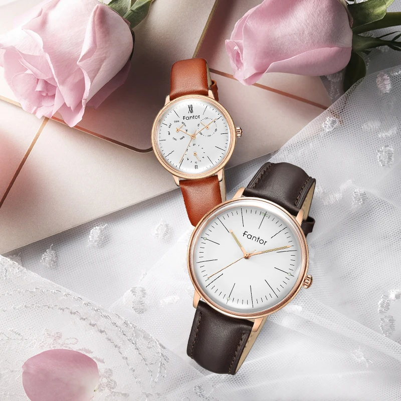 Fantor Brand Fashion Luxury Leather Quartz Pair Watch for Lovers Man Woman Gift Set Couple Watches with Box