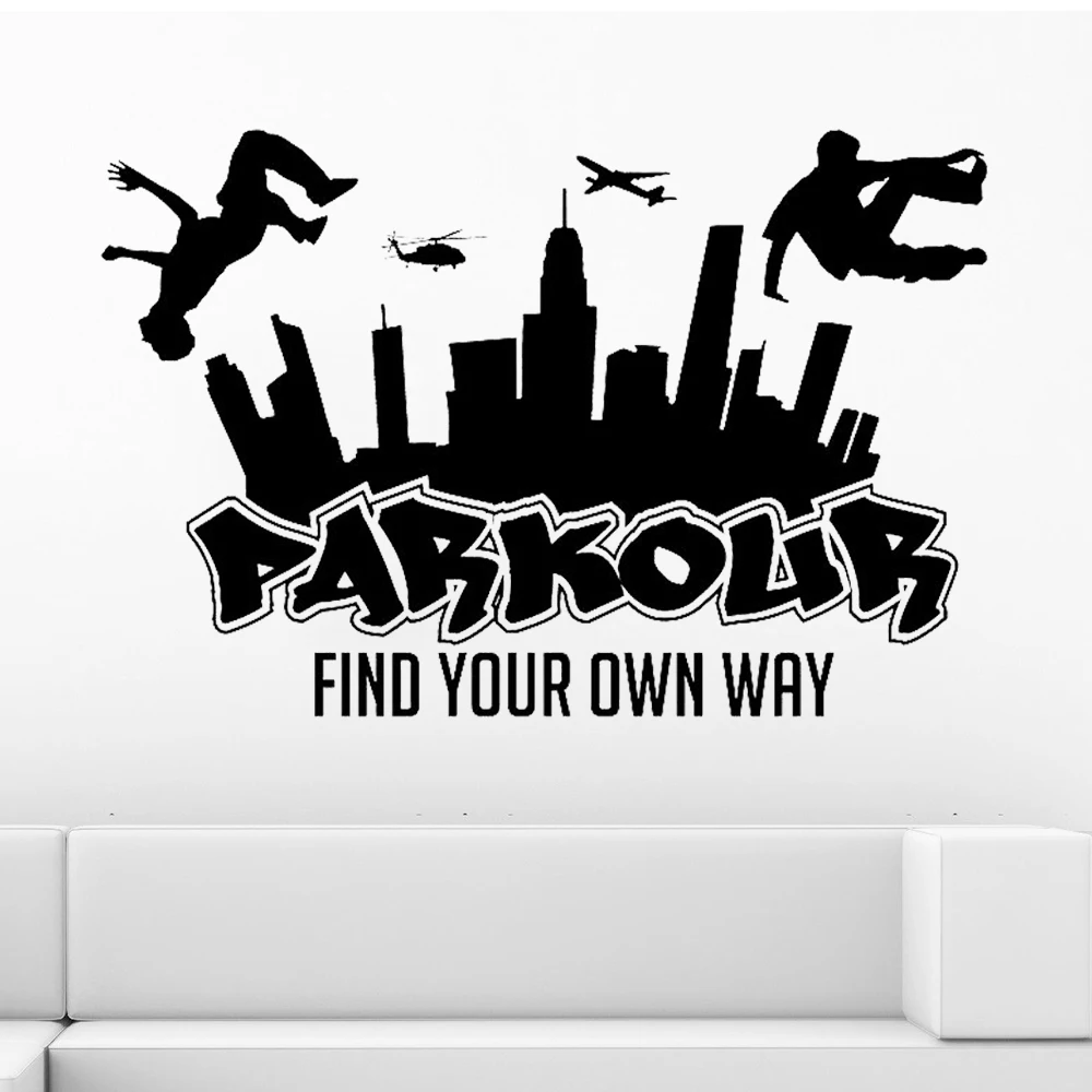 PARKOUR City Silhouette Wall Decals Boys Free Running Jumping Urban Style Skate Graffiti art Wall Sticker Find your Own Way Z250