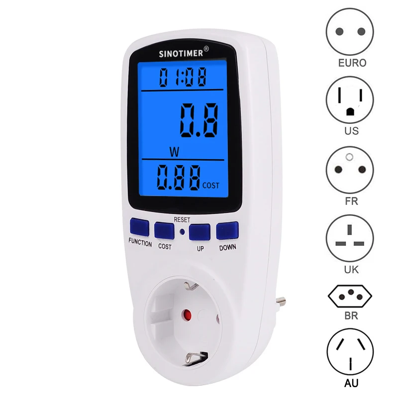 Wattímetro Eléctrico com Retroiluminação, Consumo de Energia, Medidores de Energia KWh Watt, Tomada AC, EU, US, UK, BR, AU, FR Plug, 220V, 110V