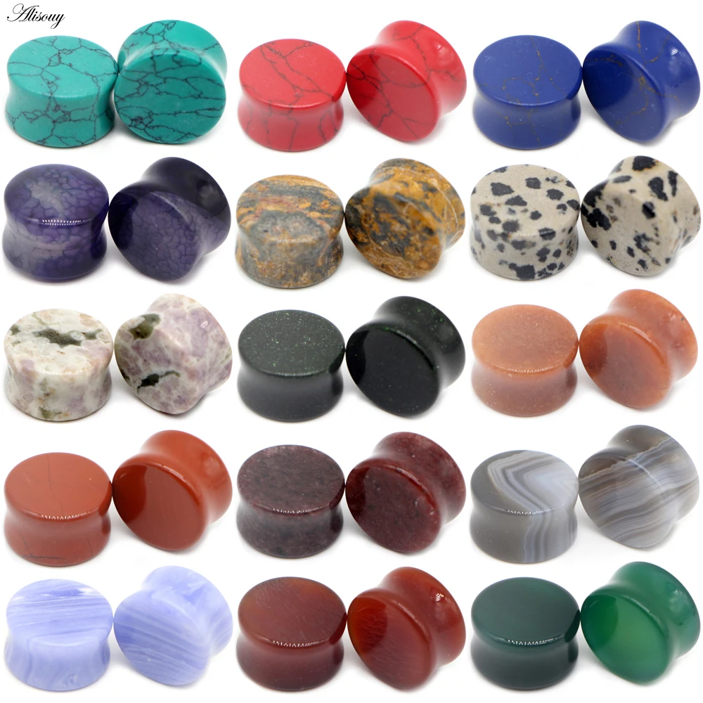 Alisouy 1Pair Organic Natural Opal Stone Ear Plug Ear Guages Tunnels Ear Expander Stretcher Saddle Body Piercing Jewelry 5-18mm