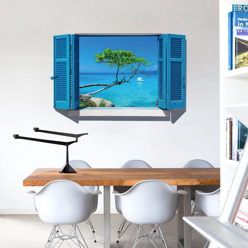 3D Removable Beach Sea 3D Window Scenery Wall Sticker Home Decor Decals Mural Waterproof Art Wall Paper Poster