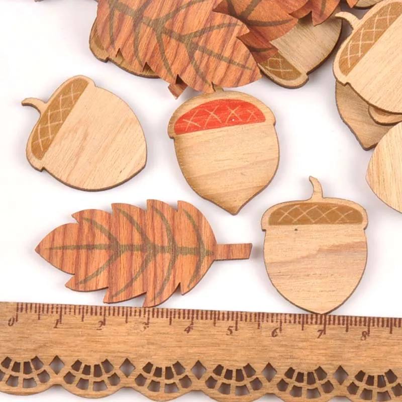 25Pcs Mixed Leaf/pine Cone Wooden For Scrapbook Craft Home Decor Unfinished Natural Wood Slices DIY Embellishments 24x32mm m1673