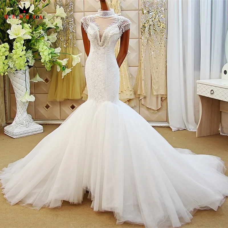 Robe de mariée de forme sirène, Tulle, dentelle, perles de cristal, Sexy, de luxe, sur mesure, Photo réelle, XH61, 2023