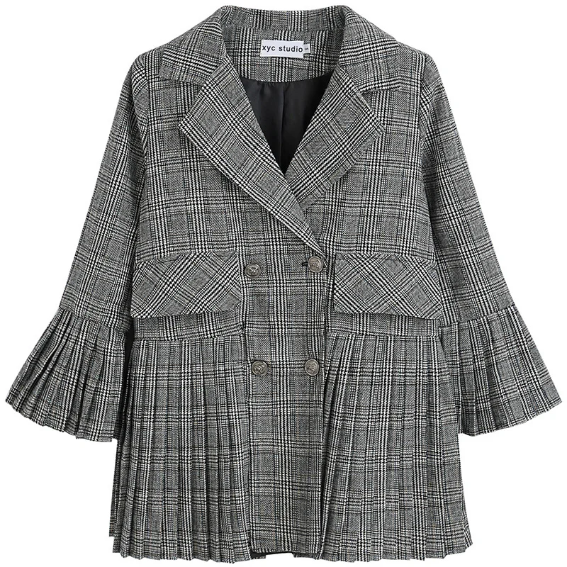 Jaqueta de escritório assimétrica Houndstooth feminina, casaco plissado feminino, xadrez elegante, manga sino, plissado, casual, Z149