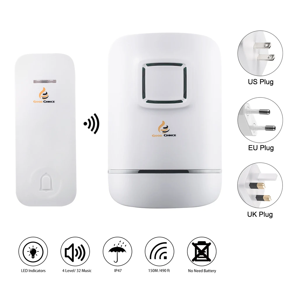 Wireless Doorbell,Door Bell Chime,No Need Battery,IP47 Waterproof Transmitter Button,Plug-in Receiver,32 Ringtones