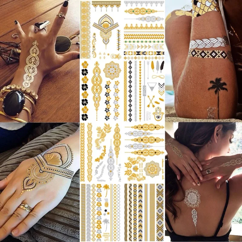 Flash Metallic wasserdicht Tattoo Gold Silber Frauen Mode Henna/Pfauenfeder Design temporäre Tattoo Stick Paster