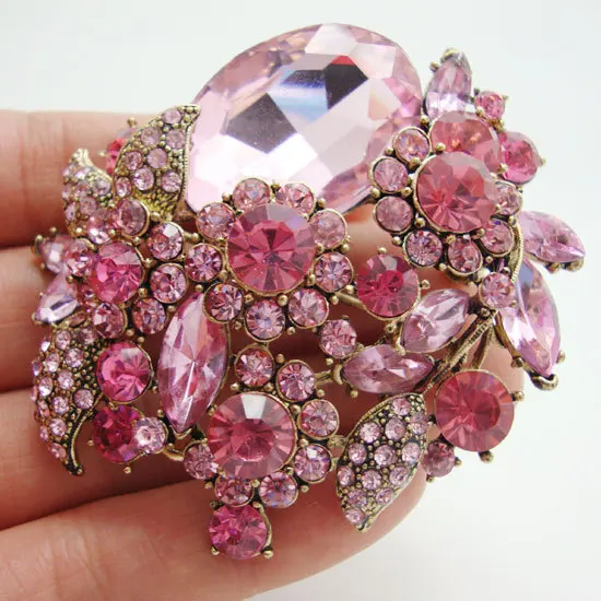 New Fashion Pretty Pink Flower Leaf Pendant Brooch Pin Rhinestone Crystal