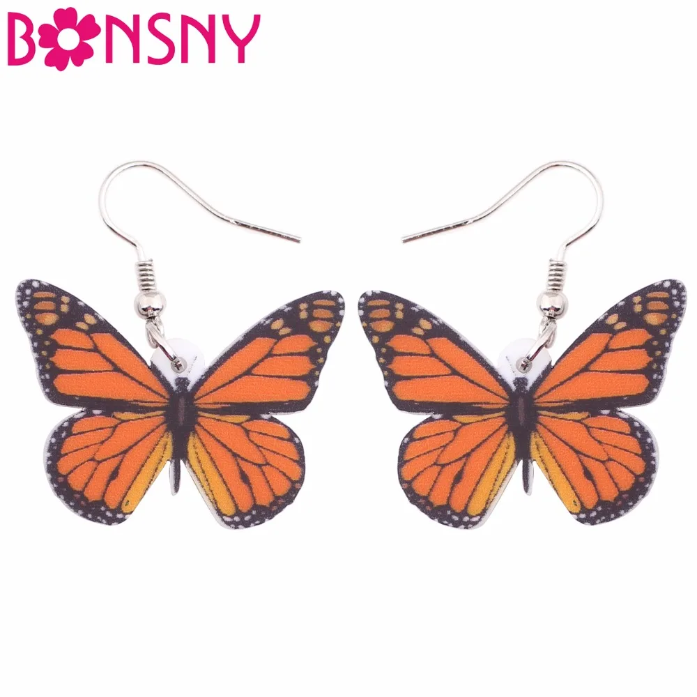 Bonsny Acrylic  Drop Dangle Long Insect Monarch Butterfly Earrings For Women 2017 New Fashion Jewelry Spring Summer Accessories